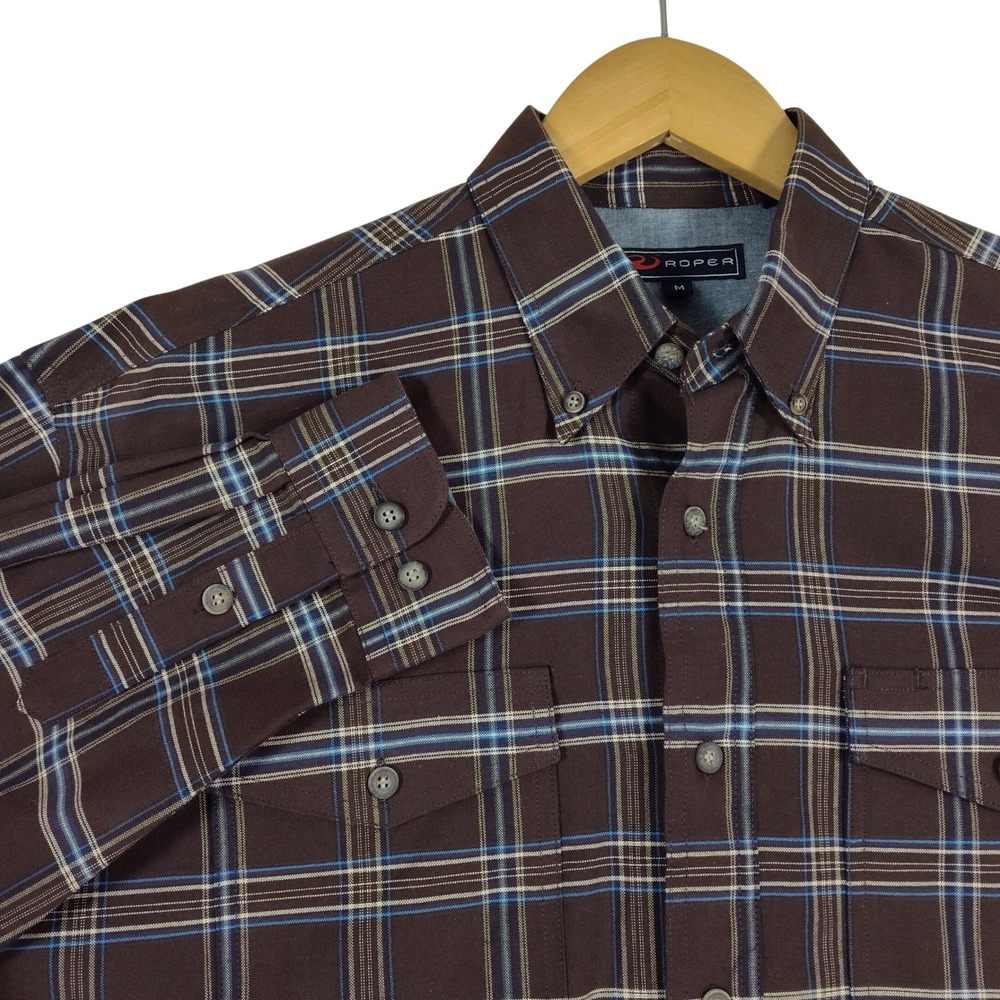 Roper Mens Brown Plaid Button Down Shirt Long Sleeve Cotton Western Medium